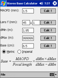 Stereophotography BaseCalc (Windows Mobile)
